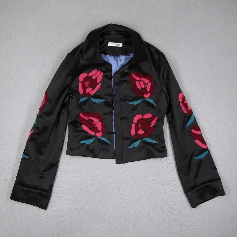 Elaine Collection New York Womens Black Satin Floral Embroidered Frog Closure M